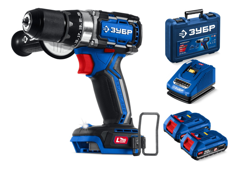 Дрель-шуруповерт, 2 АКБ (2Ач), в кейсе, Профессионал.20 В, 70 Н·м, 2 АКБ LMS (2 Ач) бесщеточная ЗУБР