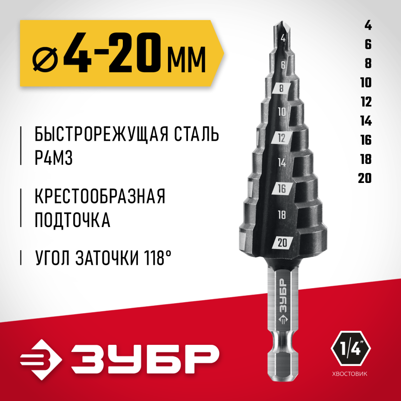 Сверло ступенчатое 4-20мм, 9 ступеней, ЗУБР 29665-4-20-9